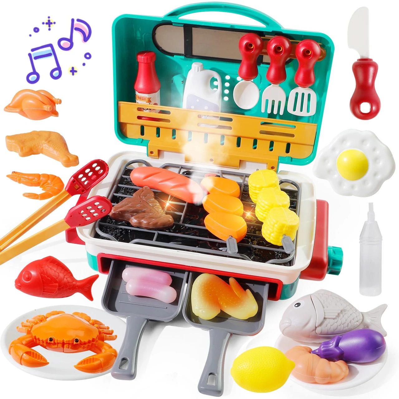 Pretend Play BBQ Grill Set Toy for Kids with Smoke Sound Light Play Cooking Food Toys Ideal Gifts for Toddlers Boys & Girls
