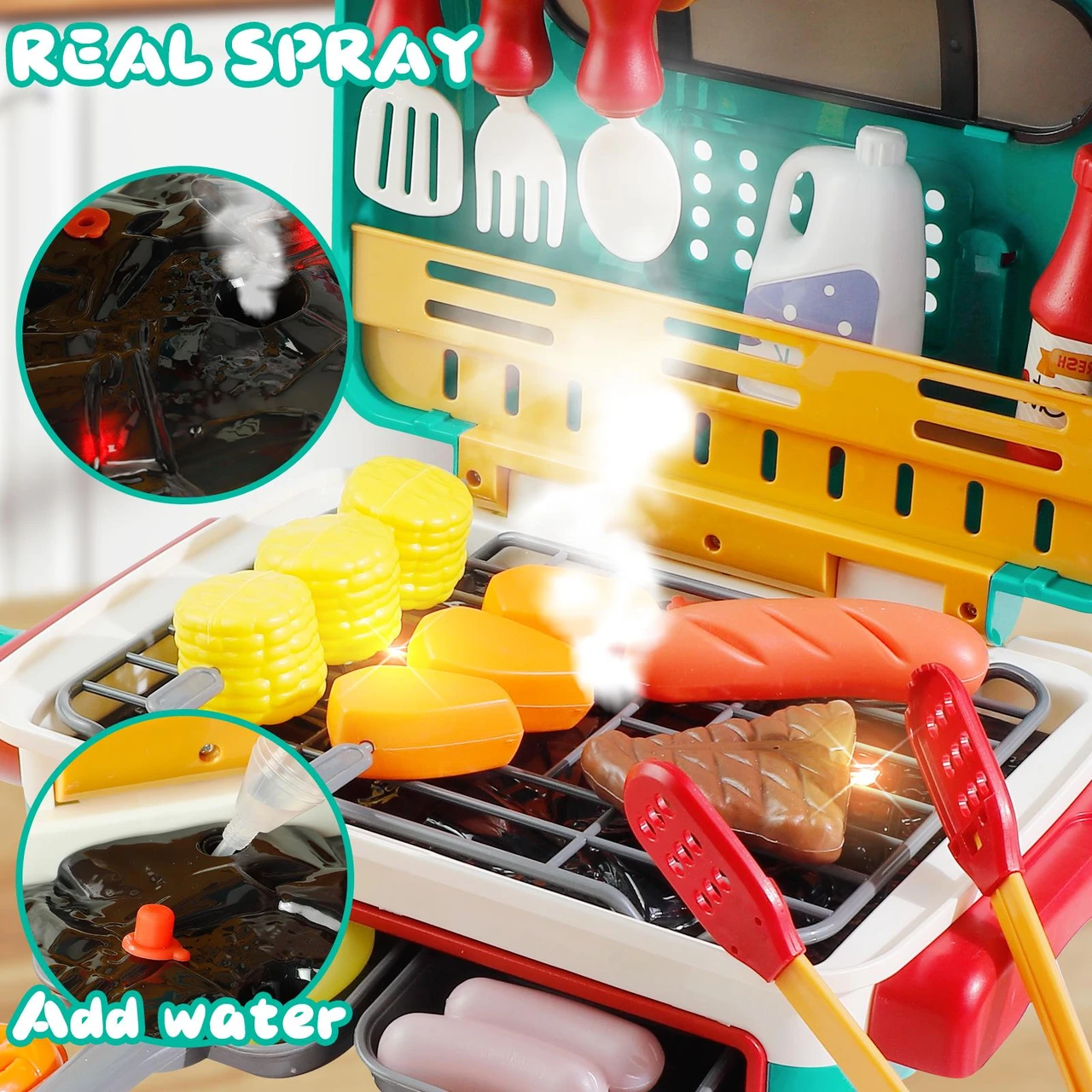 Pretend Play BBQ Grill Set Toy for Kids with Smoke Sound Light Play Cooking Food Toys Ideal Gifts for Toddlers Boys & Girls