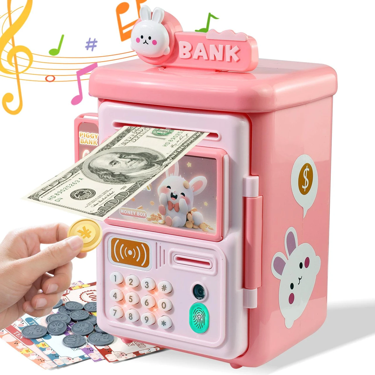 Dinosaur Piggy ATM Bank for Kids with Password Protection & Automatic Bill Slot – Fun Money Saving Box for Boys & Girls, Multicolor Decor Gift