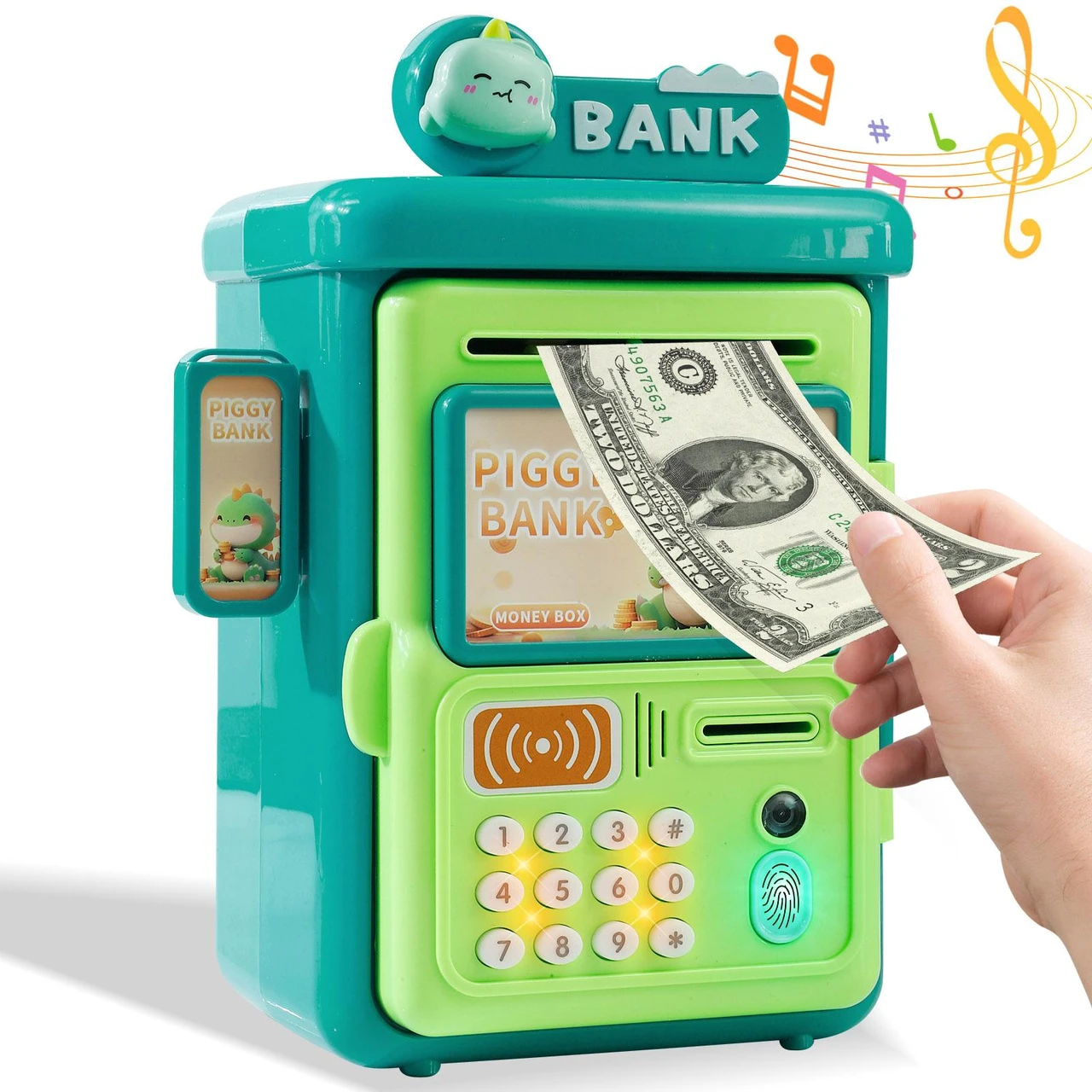 Dinosaur Piggy ATM Bank for Kids with Password Protection & Automatic Bill Slot – Fun Money Saving Box for Boys & Girls, Multicolor Decor Gift