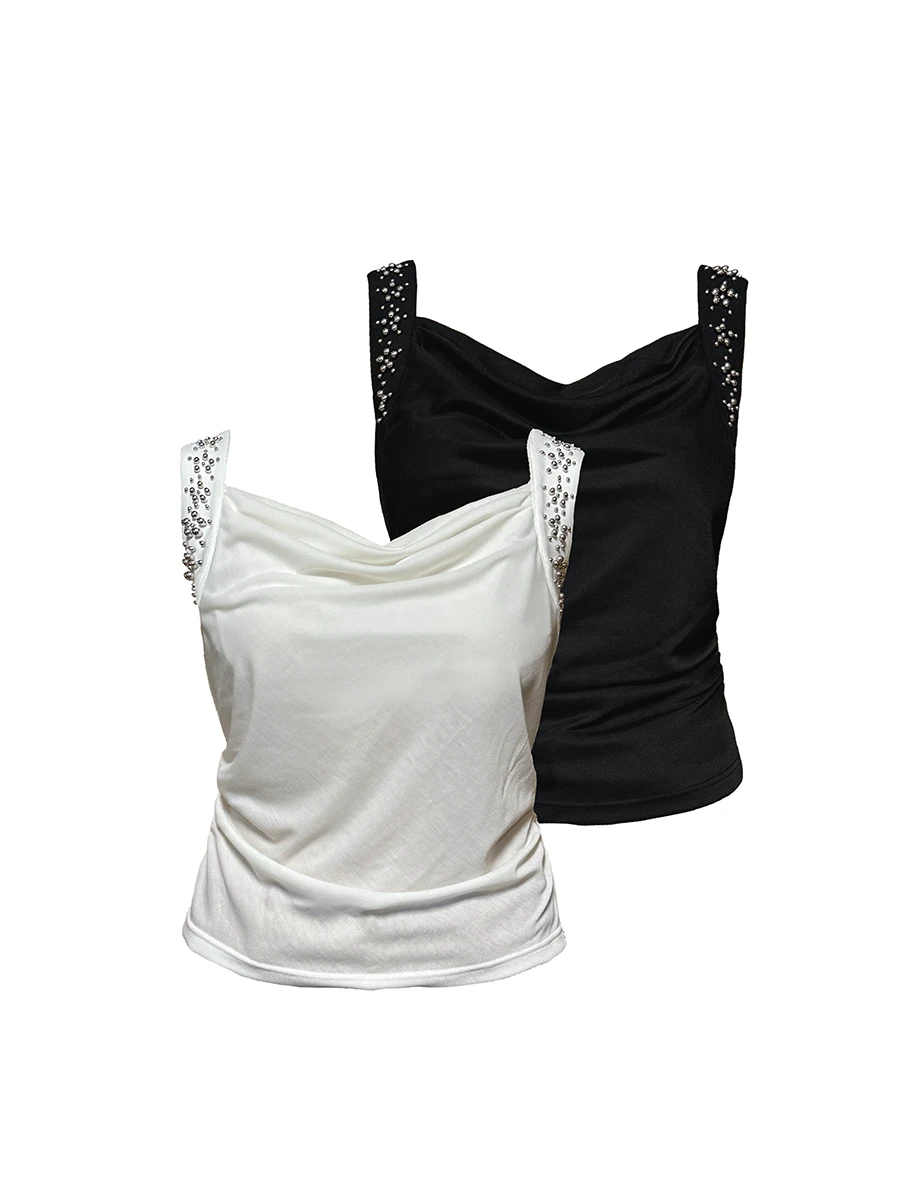 【最安値挑戦】 Jcaesar Studded Draped Neckline Top – Fitted Sleeveless with トップス