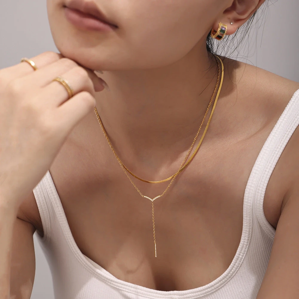 V-SHAPED TASSEL LONG STRIP INLAID WITH ZIRCON NECKLACE