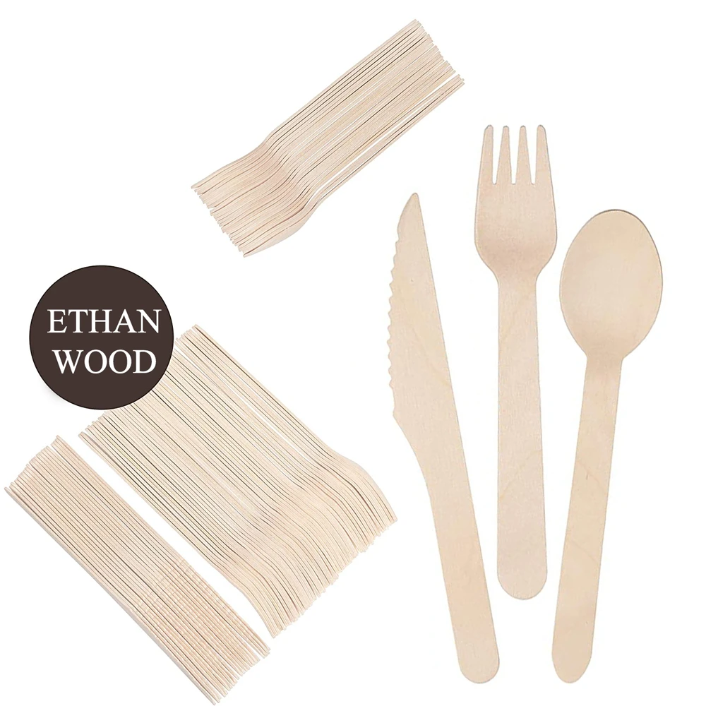 Disposable Wooden Cutlery Set Premium Eco-Friendly Tableware for Outdoor Camping Picnics Casual Dining
