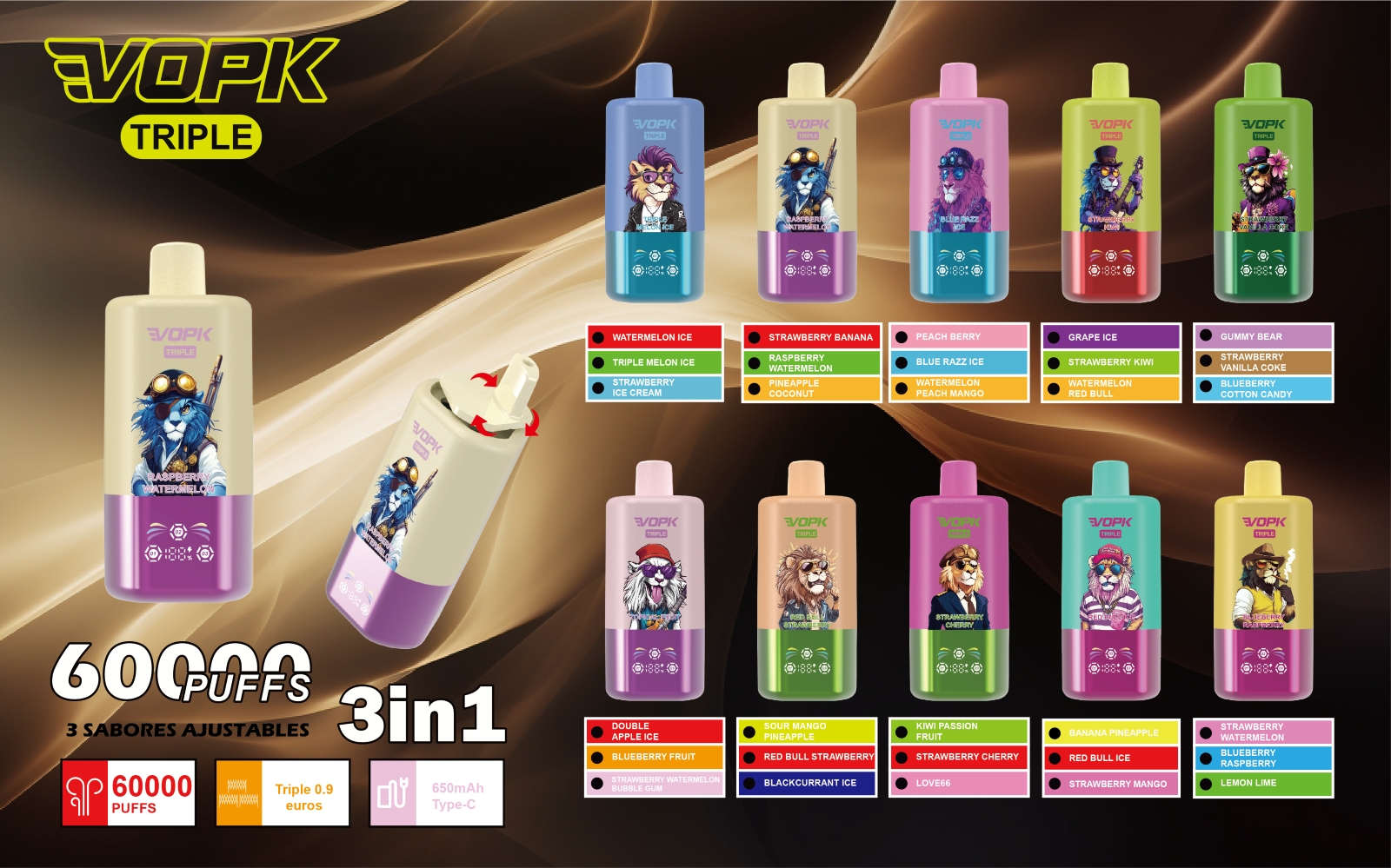 VOPK Triple 60000 Puff 60k 3 in 1 Flavor Newest Disposable Vape With LED Display Vaper Pen