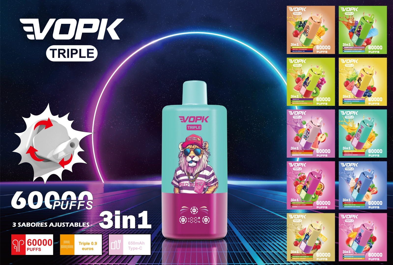 VOPK Triple 60000 Puff 60k 3 in 1 Flavor Newest Disposable Vape With LED Display Vaper Pen