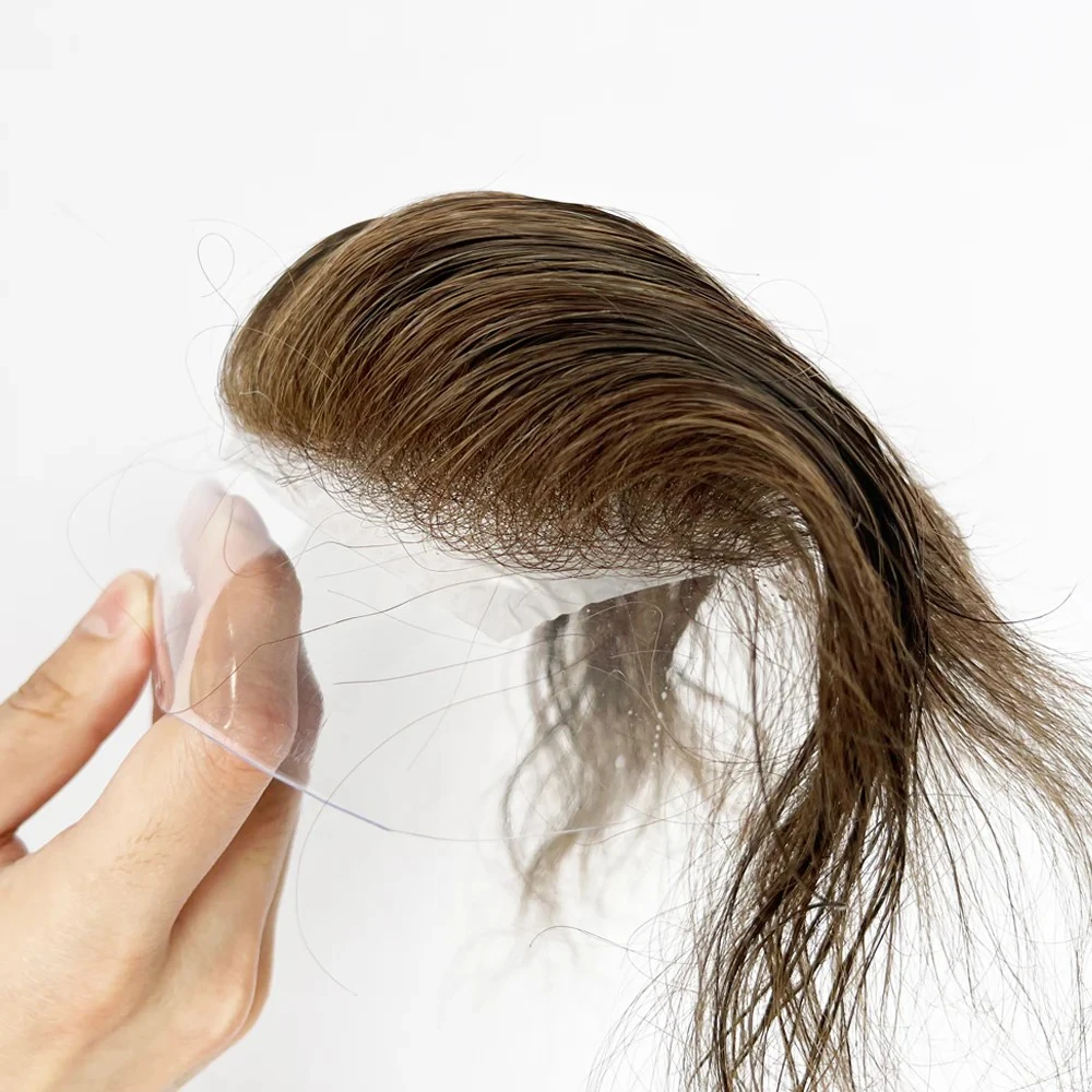 100% Human Hair Men Receding Hairline Forehead Toupee Brown #4 Color Super Soft V-loop Topper