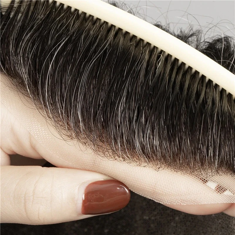 100% Human Hair Full Lace Toupee Natural Color With 30% Grey Hair System