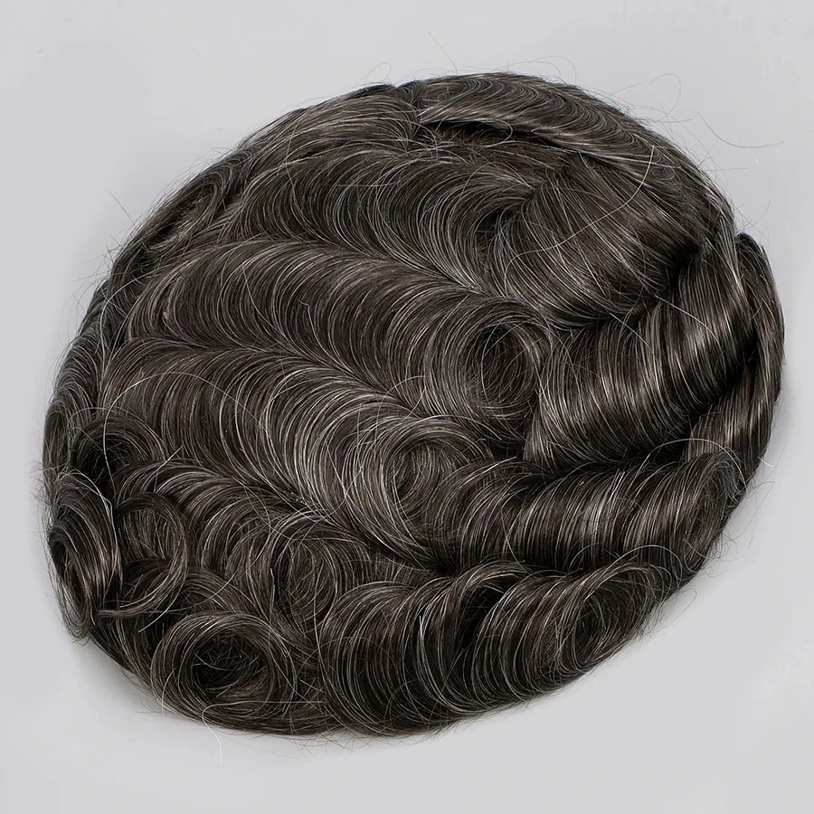 100% Human Hair Full Lace Toupee Dark Brown Color #2 With 30% Grey Hair System