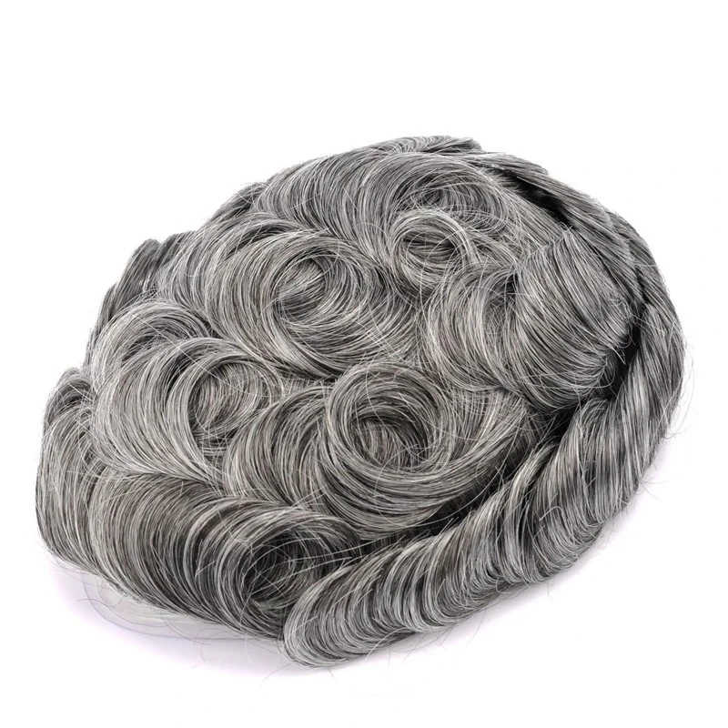 100% Human Hair Full Lace Toupee Natural Color With 60% Grey Hair System