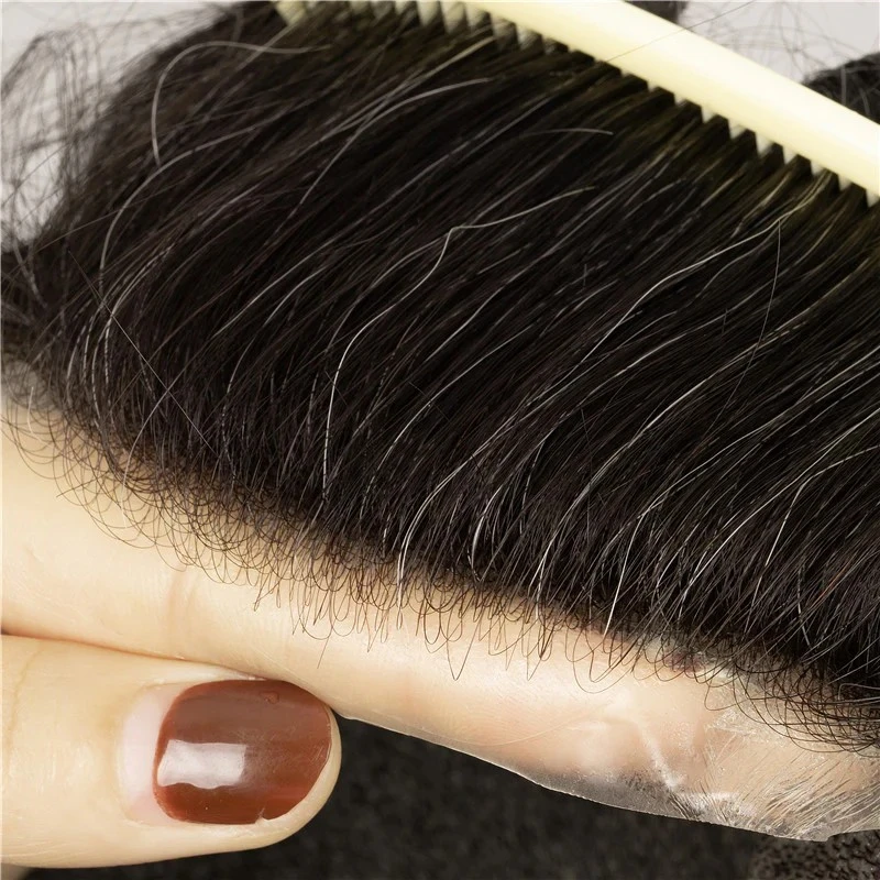 100% Human Hair Full Lace Toupee Natural Color With 15% Grey Hair System