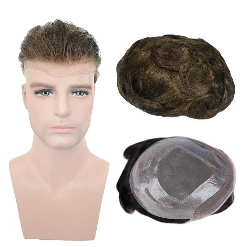 100% Human Hair #5 Light Brown Mono Top PU Around Lace Front Toupee For Men