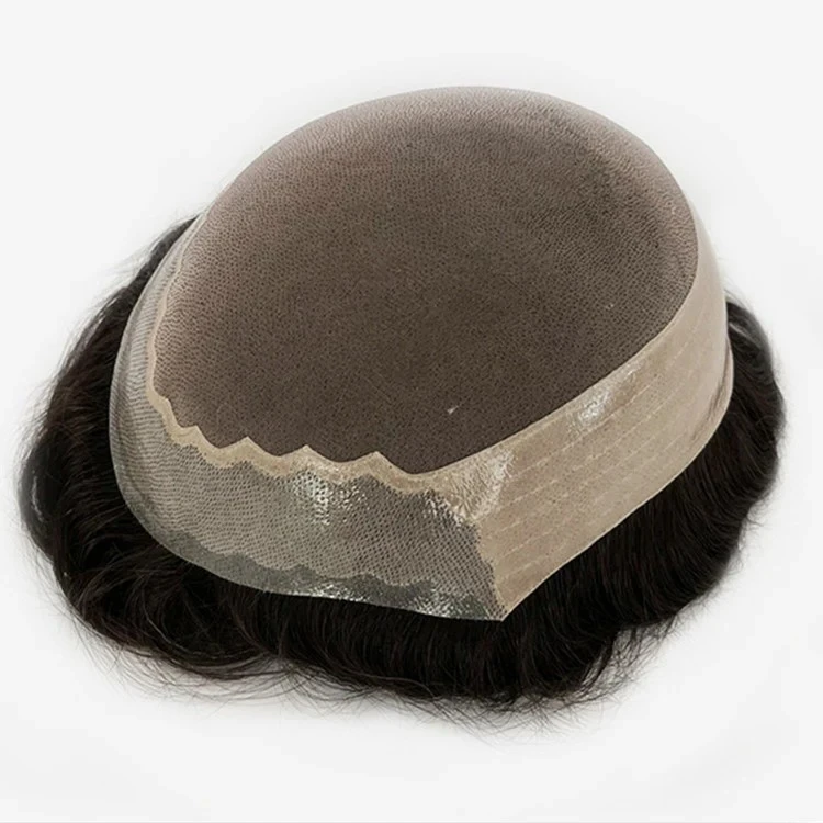 100% Human Hair #220 Dark Brown Color With 20% Grey Hair Mono Top With Poly Coating And PU Toupees