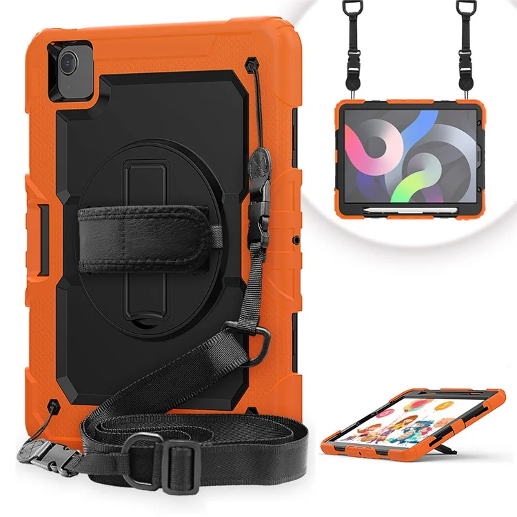 For Apple iPad Air (2020) / Air (2022) / Pro 11-inch  (2020) (2021) (2022) PC + Silicone 360° Swivel Kickstand Tablet Case with Handy Strap and Shoulder Strap - Black / Black-Cellmalls