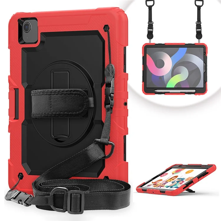 For Apple iPad Air (2020) / Air (2022) / Pro 11-inch  (2020) (2021) (2022) PC + Silicone 360° Swivel Kickstand Tablet Case with Handy Strap and Shoulder Strap - Black / Black-Cellmalls