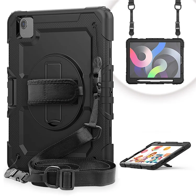 For Apple iPad Air (2020) / Air (2022) / Pro 11-inch  (2020) (2021) (2022) PC + Silicone 360° Swivel Kickstand Tablet Case with Handy Strap and Shoulder Strap - Black / Black-Cellmalls
