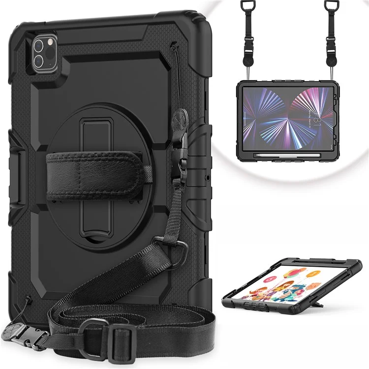 Rugged Heavy Duty PC + Silicone Shockproof 360° Rotating Kickstand Cover with Handle Hand Grip and Shoulder Strap for iPad Pro 11-inch (2021) / (2022) - Black-Cellmalls