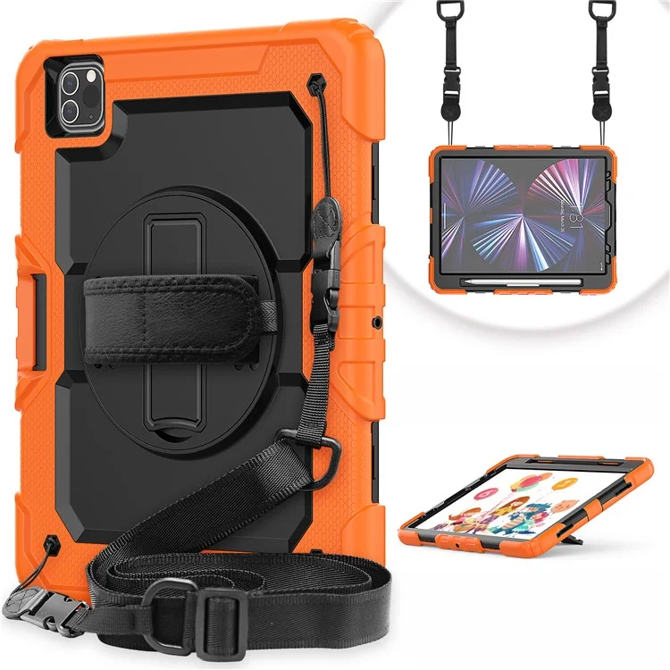 Rugged Heavy Duty PC + Silicone Shockproof 360° Rotating Kickstand Cover with Handle Hand Grip and Shoulder Strap for iPad Pro 11-inch (2021) / (2022) - Black-Cellmalls