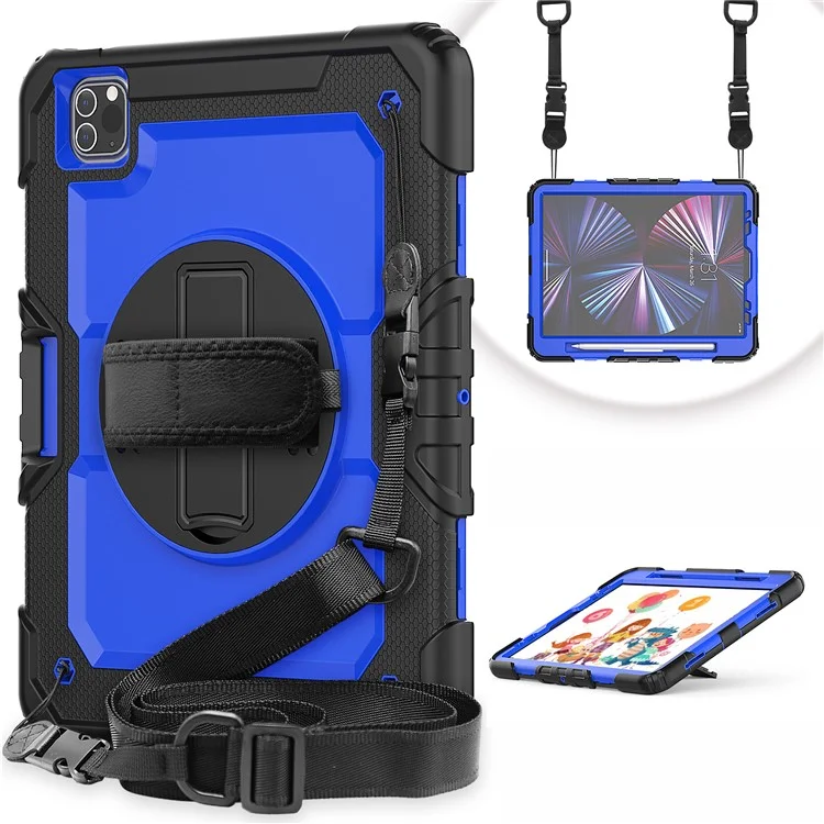 Rugged Heavy Duty PC + Silicone Shockproof 360° Rotating Kickstand Cover with Handle Hand Grip and Shoulder Strap for iPad Pro 11-inch (2021) / (2022) - Black-Cellmalls