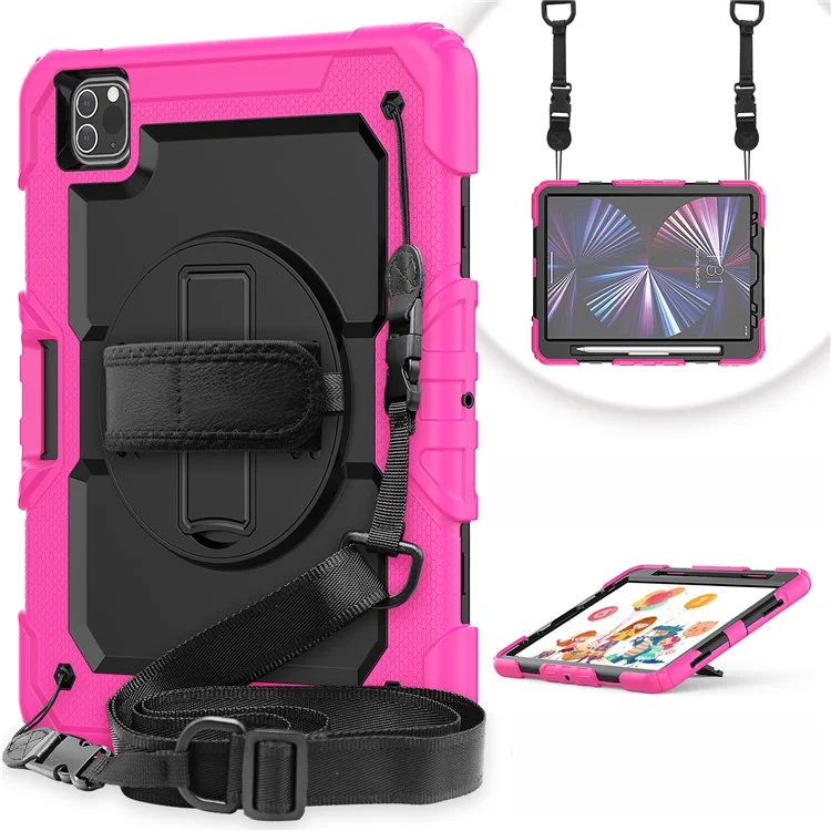 Rugged Heavy Duty PC + Silicone Shockproof 360° Rotating Kickstand Cover with Handle Hand Grip and Shoulder Strap for iPad Pro 11-inch (2021) / (2022) - Black-Cellmalls