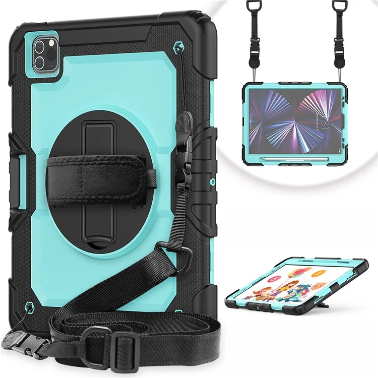 Rugged Heavy Duty PC + Silicone Shockproof 360° Rotating Kickstand Cover with Handle Hand Grip and Shoulder Strap for iPad Pro 11-inch (2021) / (2022) - Black-Cellmalls