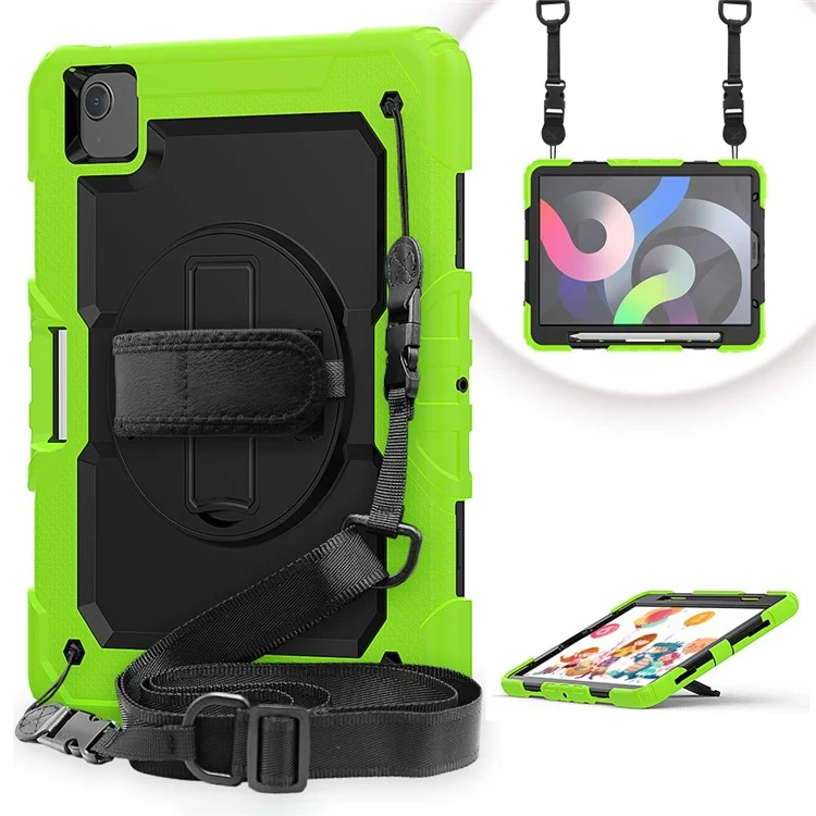 For Apple iPad Air (2020) / Air (2022) / Pro 11-inch  (2020) (2021) (2022) PC + Silicone 360° Swivel Kickstand Tablet Case with Handy Strap and Shoulder Strap - Black / Black-Cellmalls