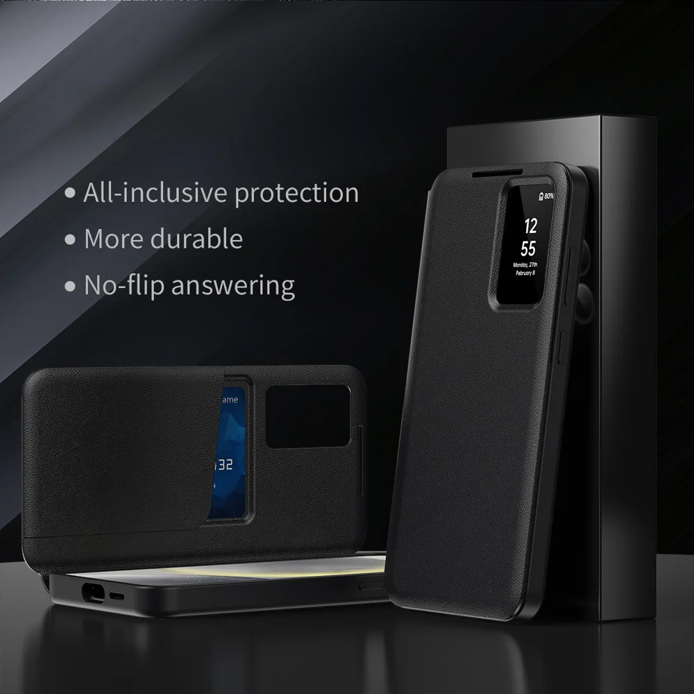 For Samsung Galaxy S24 Leather Phone Case with View Window Card Slot - Sapphire-Cellmalls