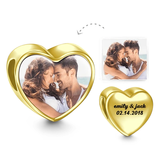 Engraved Heart Photo Charm 14k Gold Plated Silver