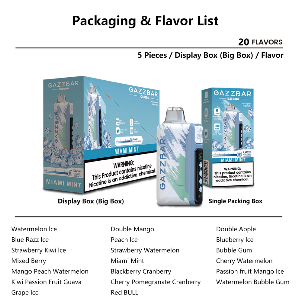 Gazzbar Ice god 50000 Puff 50K 5 level ice adjustable disposable vape with Smart Display