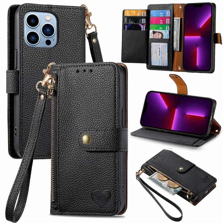For iPhone 13 Pro Case RFID Blocking Zipper Leather Phone Cover with Wallet Card Slots - Black-Cellmalls