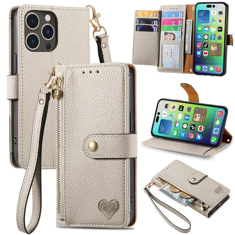 For iPhone 14 Pro Leather Case Zipper Wallet Imprinted Heart Shape Phone Cover - Grey-Cellmalls