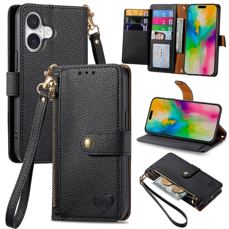 For iPhone 16 Case RFID Blocking Zipper Pocket Leather Wallet Phone Cover - Black-Cellmalls