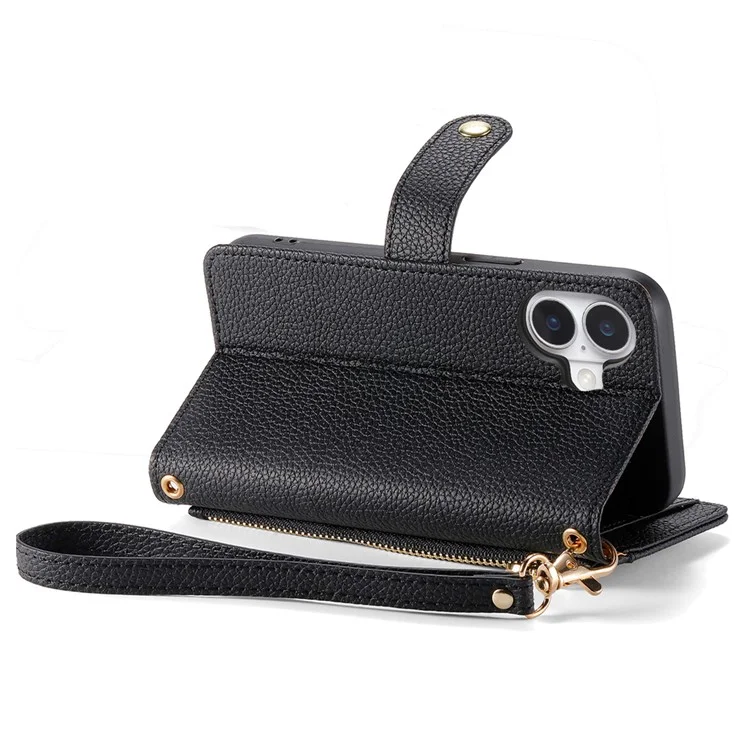 For iPhone 16 Case RFID Blocking Zipper Pocket Leather Wallet Phone Cover - Black-Cellmalls