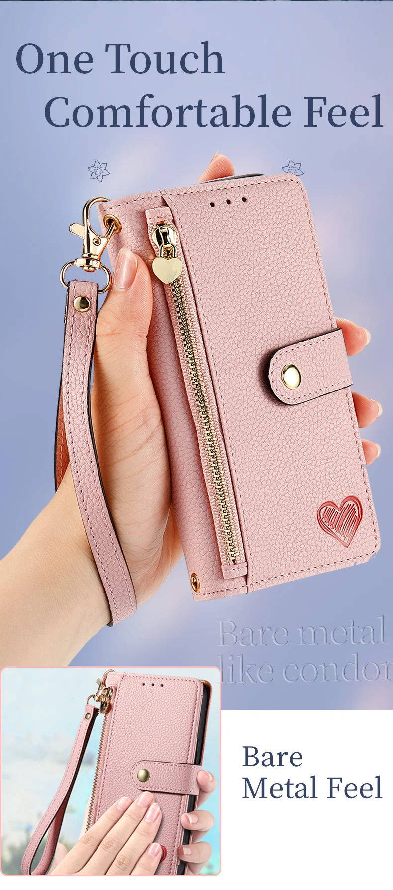 For iPhone 14 Pro Leather Case Zipper Wallet Imprinted Heart Shape Phone Cover - Grey-Cellmalls