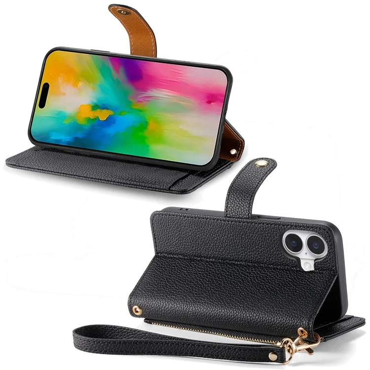 For iPhone 16 Plus Case RFID Blocking Zipper Pocket Leather Wallet Phone Cover with Strap - Black-Cellmalls