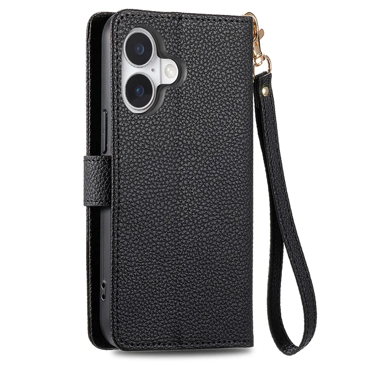 For iPhone 16 Plus Case RFID Blocking Zipper Pocket Leather Wallet Phone Cover with Strap - Black-Cellmalls