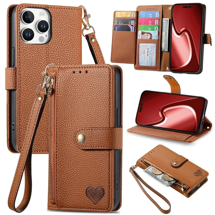 For iPhone 16 Pro Case RFID Blocking Zipper Pocket Leather Wallet Phone Cover with Strap - Black-Cellmalls