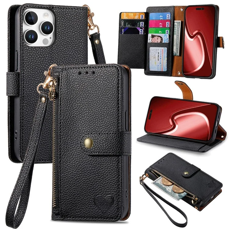 For iPhone 16 Pro Max Case RFID Blocking Zipper Pocket Leather Wallet Phone Cover with Strap - Black-Cellmalls