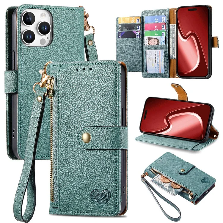 For iPhone 16 Pro Case RFID Blocking Zipper Pocket Leather Wallet Phone Cover with Strap - Black-Cellmalls