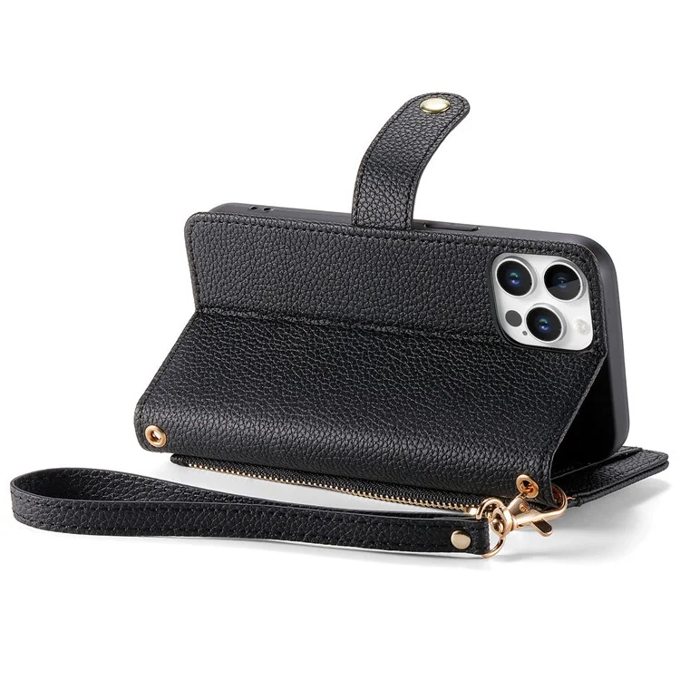 For iPhone 16 Pro Max Case RFID Blocking Zipper Pocket Leather Wallet Phone Cover with Strap - Black-Cellmalls