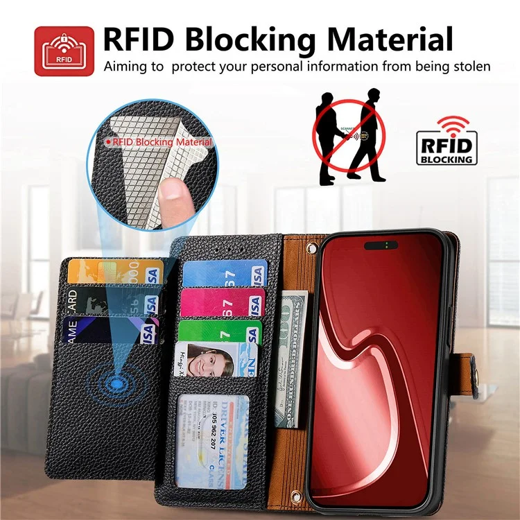 For iPhone 16 Pro Max Case RFID Blocking Zipper Pocket Leather Wallet Phone Cover with Strap - Black-Cellmalls