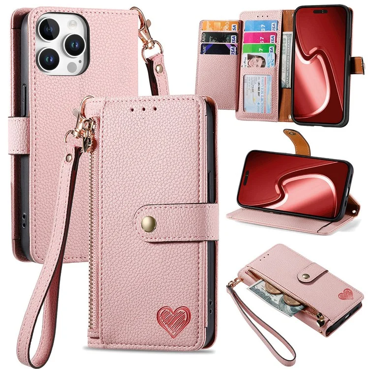 For iPhone 16 Pro Max Case RFID Blocking Zipper Pocket Leather Wallet Phone Cover with Strap - Black-Cellmalls