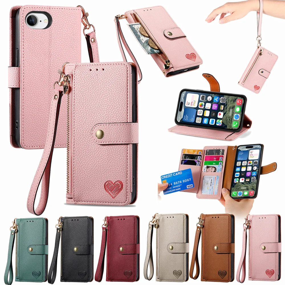 For iPhone 16e Case RFID Blocking Zipper Pocket Leather Wallet Phone Cover with Strap - Black-Cellmalls