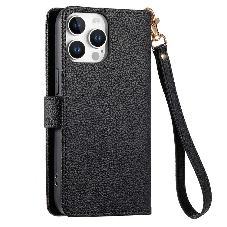 For iPhone 16 Pro Max Case RFID Blocking Zipper Pocket Leather Wallet Phone Cover with Strap - Black-Cellmalls