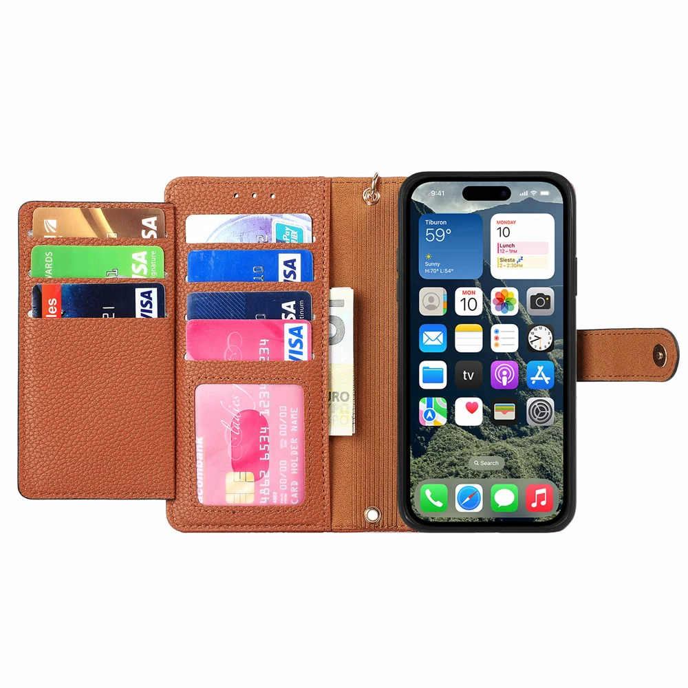 For iPhone 16e Case RFID Blocking Zipper Pocket Leather Wallet Phone Cover with Strap - Black-Cellmalls