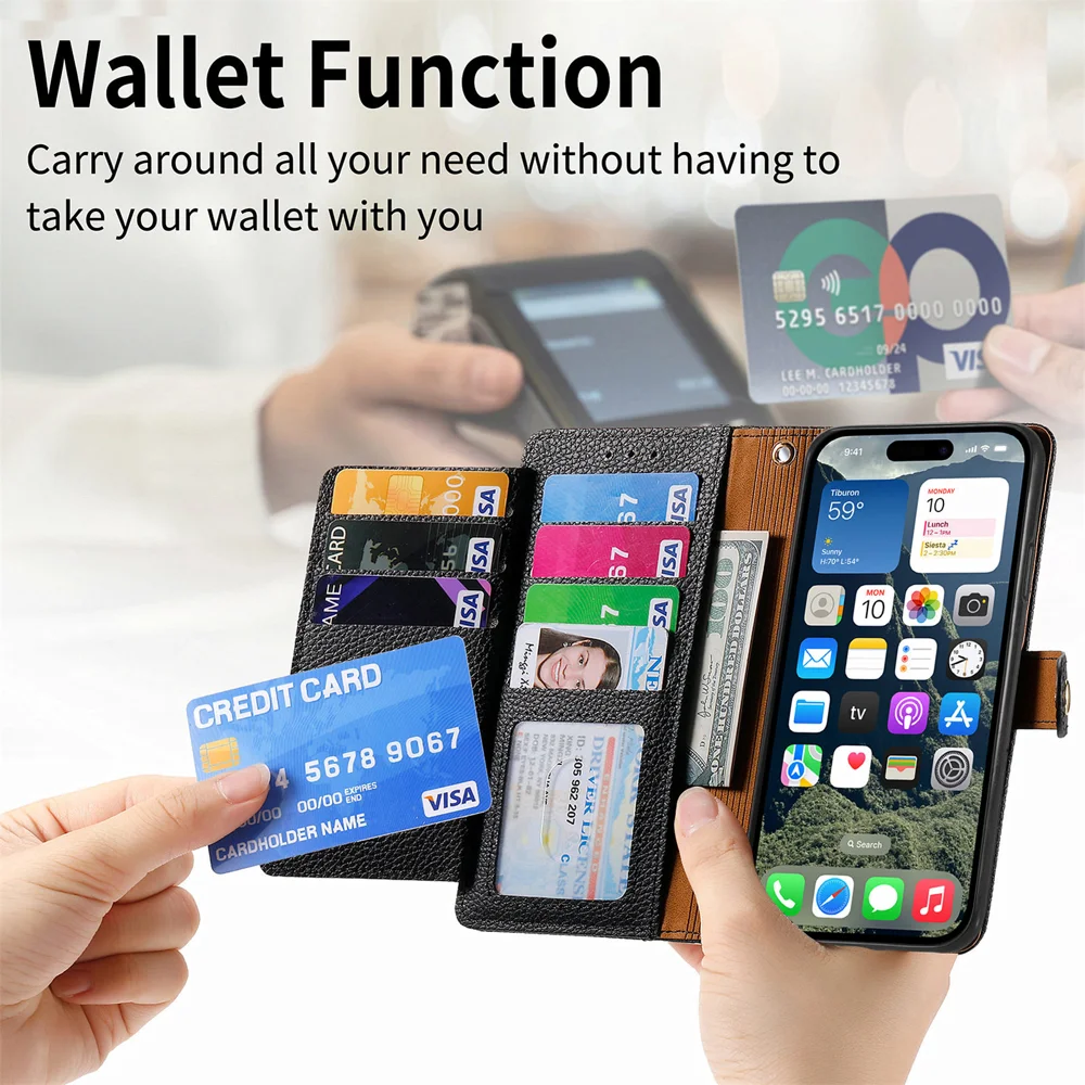 For iPhone 16e Case RFID Blocking Zipper Pocket Leather Wallet Phone Cover with Strap - Black-Cellmalls