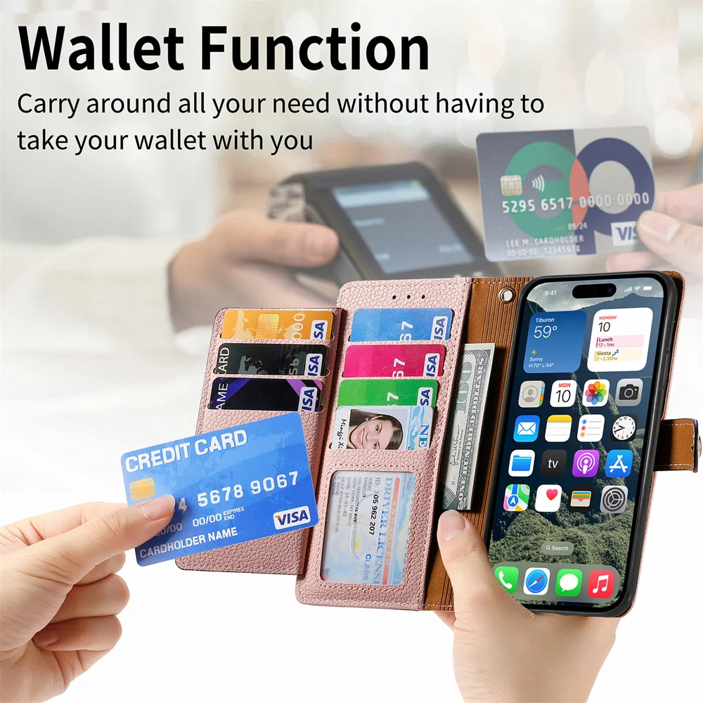 For iPhone 16e Case RFID Blocking Zipper Pocket Leather Wallet Phone Cover with Strap - Black-Cellmalls