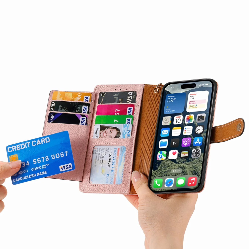 For iPhone 16e Case RFID Blocking Zipper Pocket Leather Wallet Phone Cover with Strap - Black-Cellmalls