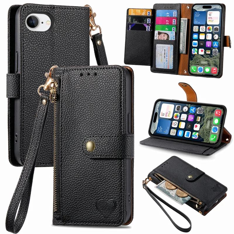 For iPhone 16e Case RFID Blocking Zipper Pocket Leather Wallet Phone Cover with Strap - Black-Cellmalls