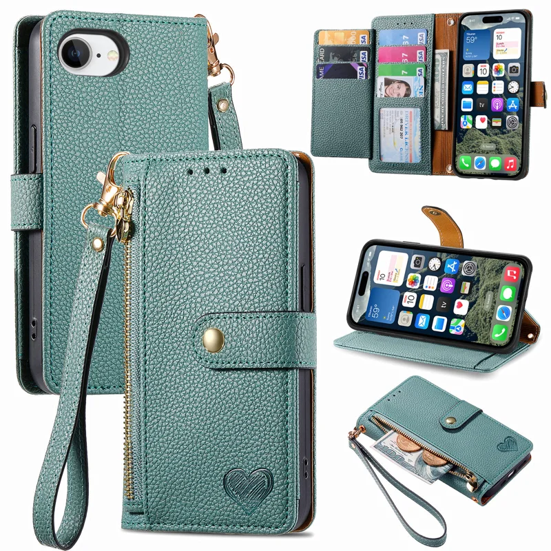 For iPhone 16e Case RFID Blocking Zipper Pocket Leather Wallet Phone Cover with Strap - Black-Cellmalls