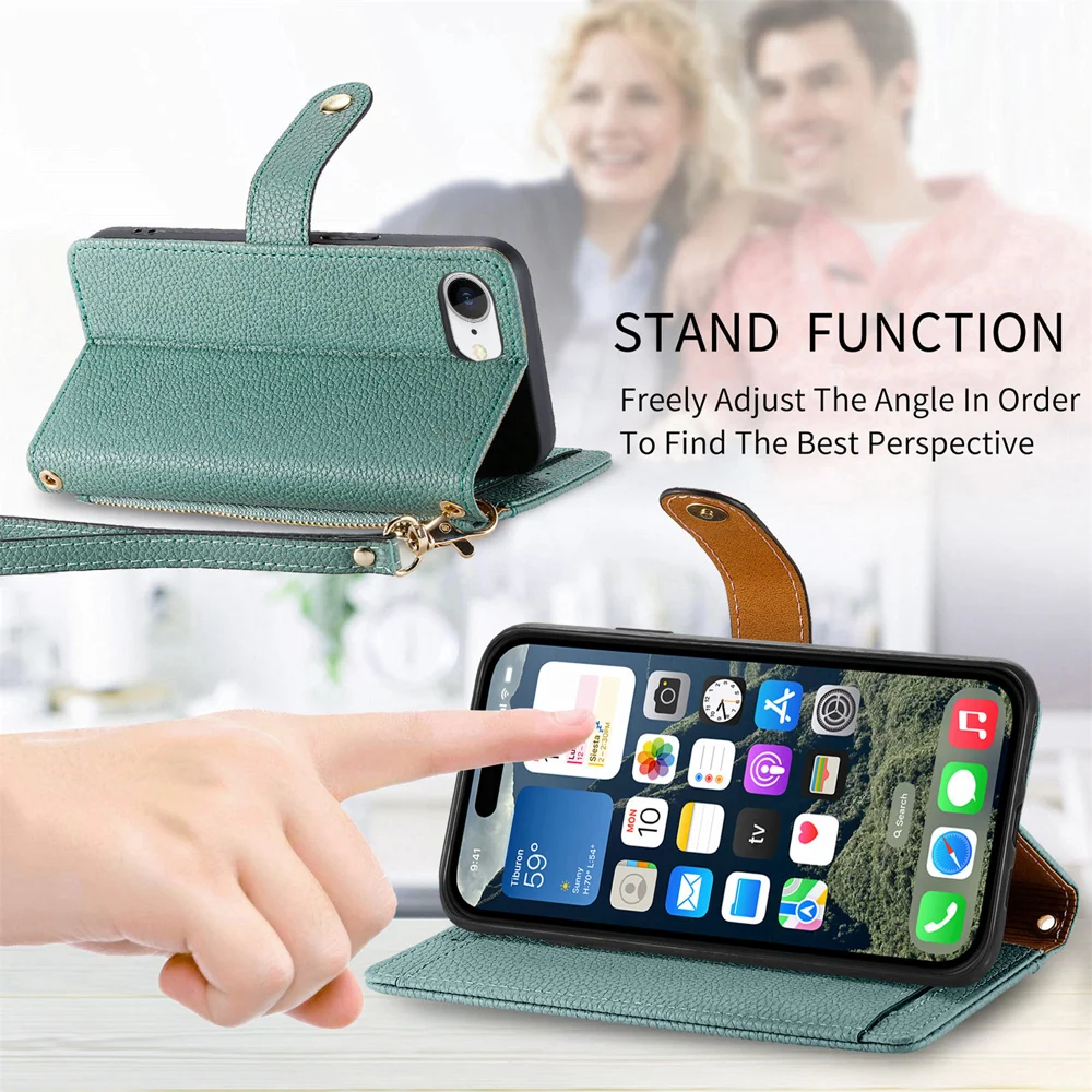For iPhone 16e Case RFID Blocking Zipper Pocket Leather Wallet Phone Cover with Strap - Black-Cellmalls